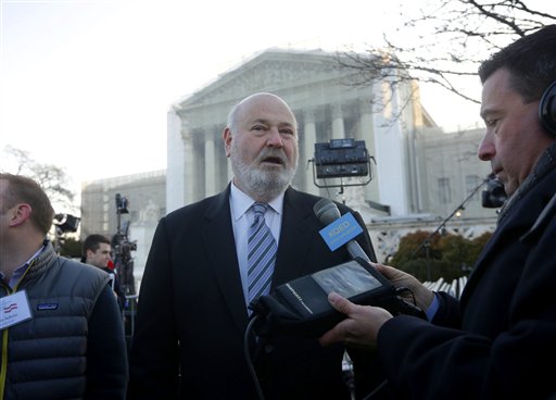Actor, director and producer Rob Reiner is interviewed outside the Supreme Court in Washington on Tuesday. Reiner, who helped lead the fight against California's Proposition 8, was at the head of line to get into the courtroom.