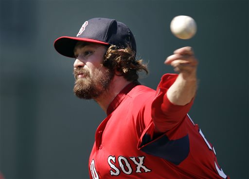 Boston Red Sox relief pitcher Andrew Miller delivers to the Minnesota Twins in the seventh inning of an exhibition spring training baseball game in Fort Myers, Fla., Saturday.