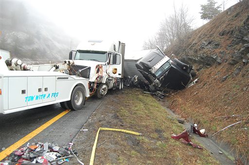 This photo provided by the Virginia State Police shows the scene following a 75-vehicle pileup on Interstate 77 near the Virginia-North Carolina border in Galax, Va., on Sunday, March 31, 2013. Virginia State Police say three people have been killed and more than 20 are injured and traffic is backed up about 8 miles. (AP Photo/Virginia State Police, Sgt. Mike Conroy)