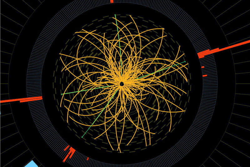 This 2011 image provided by CERN, shows a real CMS proton-proton collision in which four high energy electrons (green lines and red towers) are observed in a 2011 event. The event shows characteristics expected from the decay of a Higgs boson but is also consistent with background Standard Model physics processes. Physicists say they are now confident they have discovered a long-sought subatomic particle known as a Higgs boson. The European Organization for Nuclear Research, called CERN, says Thursday March 14, 2013 a look at all the data from 2012 shows that what they found last year was a version of what is popularly referred to as the "God particle."