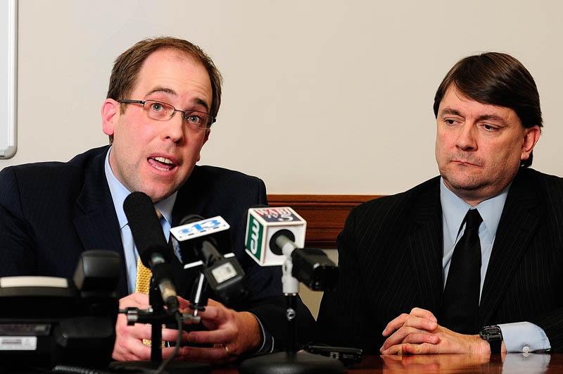 Majority Leader Sen. Seth Goodall, D-Richmond, and Assistant Majority Leader Sen. Troy Jackson, D-Allagash, answer questions during a news conference on Friday at the State House in Augusta.