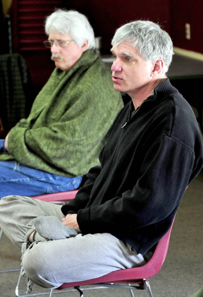 Joe Rankin, right, and Tim Davis spoke to participants during the Western Maine Buddhism seminar at the University of Maine in Farmington on Sunday. Rankin is a former Morning Sentinel reporter and Kennebec Journal editor.