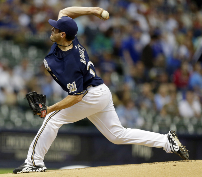 Milwaukee Brewers starting pitcher Mark Rogers throws to the Chicago Cubs during a game on Aug. 20, 2012, in Milwaukee.
