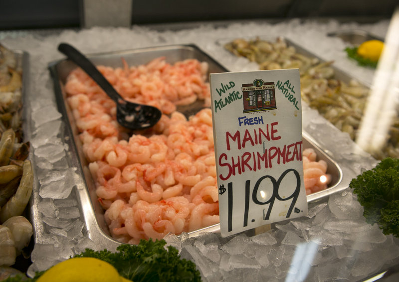 A single tray of fresh Maine shrimp is all that remains in stock at Harbor Fish Market, Wednesday, March 13, 2013, in Portland, Maine. This year shrimp season has been an even bigger bust than anybody anticipated. The shrimp catch has been meager, resulting in a short supply for processors and higher prices for consumers. The season is on course for the smallest harvest in more than 30 years, and possibly since 1978 when the fishery was shut down altogether. (AP Photo/Robert F. Bukaty)