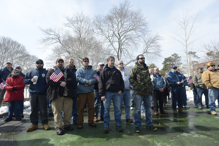 Portsmouth Naval Shipyard workers and supporters gather at Prescott Park in Portsmouth, N.H., Thursday to protest sequestration that will force them to take off one unpaid day each week from April through September.