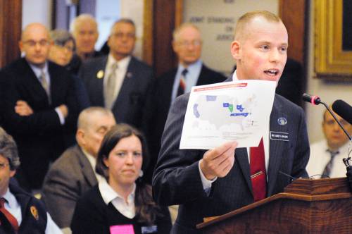 Rep. Corey Wilson, R-Augusta, introduces his bill, An Act to Ensure the Confidentiality of Concealed Weapons Permit Holder Information, March 12 at the State House in Augusta.
