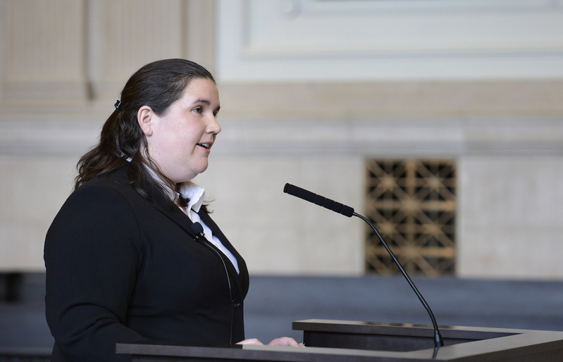 Kaylan Phillips, an attorney for the anti-gay-marriage group National Organization for Marriage, makes her case to the Maine Supreme Judicial Court on Thursday as the group seeks to overturn a lower court's ruling that it must release the identity of its donors.