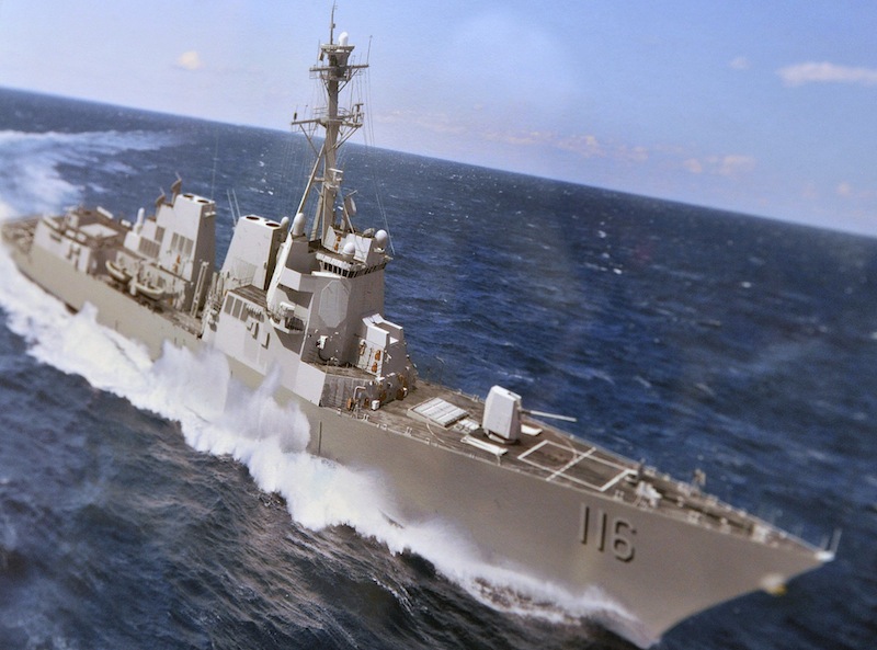 This artist rendering of the USS Thomas Hudner (DDG 116) was presented to Capt. Thomas J. Hudner, a Medal of Honor recipient, following a luncheon celebration at the Maine Maritime Museum.