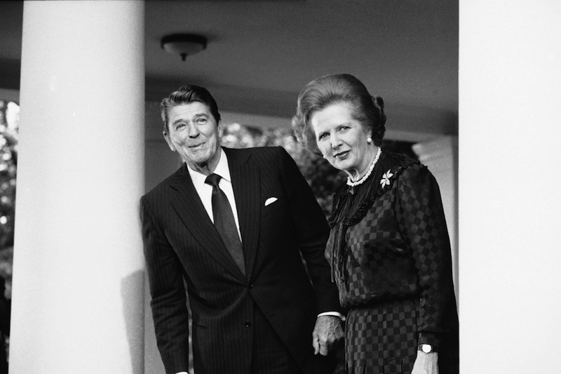 In this June 23, 1982 file photo, President Ronald Reagan and British Prime Minister Margaret Thatcher speak to reporters at the White House in Washington. Ex-spokesman Tim Bell says that Thatcher has died. She was 87. Bell said the woman known to friends and foes as "the Iron Lady" passed away Monday morning, April 8, 2013. (AP Photo/File)