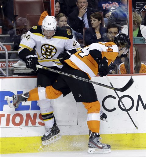 Philadelphia Flyers' Sean Couturier, right, and Boston Bruins' Dennis Seidenberg, of Germany, collide during the second period of an NHL hockey game, Tuesday, April 23, 2013, in Philadelphia. (AP Photo/Matt Slocum)