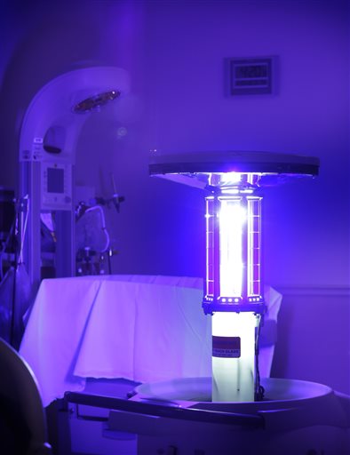 Using ultraviolet light, a machine disinfects a hospital room at the Westchester Medical Center in Valhalla, N.Y., recently.