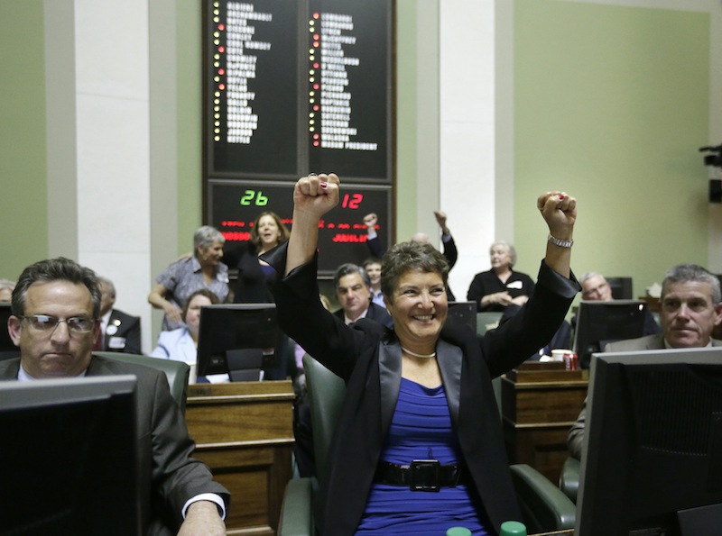 Rhode Island state Sen. Donna Nesselbush, D-Pawtucket, center, reacts seconds after the state senate passed a same-sex marriage bill at the Statehouse, in Providence, R.I., Wednesday, April 24, 2013. Nesselbush was the main sponsor of the bill. (AP Photo/Steven Senne)