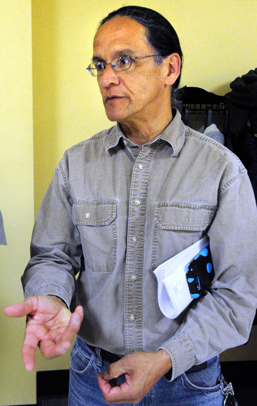 Newell Lewey, member of the Passamaquoddy tribal council, speaks with reporters on Wednesday April 3, 2013 in the Cross State Office Building in Augusta.