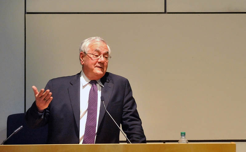Former U.S. Rep. Barney Frank, D-Mass., speaks during the Colby College government department's spring lecture, at the Diamond building in Waterville, on Sunday.