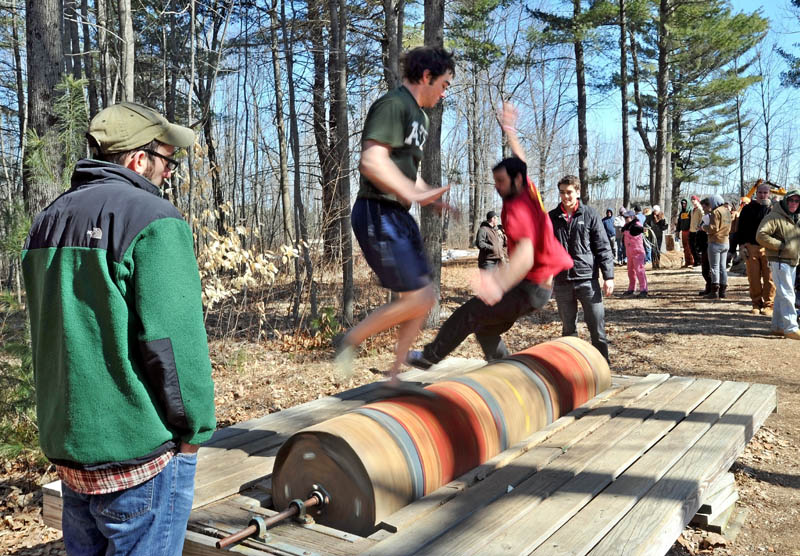 The burling competion at Colby College's annual Muddy Jack & Jill Meet in Waterville on Saturday.