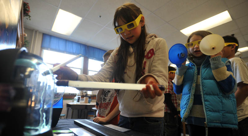 Fifth-graders participate in the first Science, Technology, Engineering and Math Day at Albert S. Hall School in Waterville on Friday.