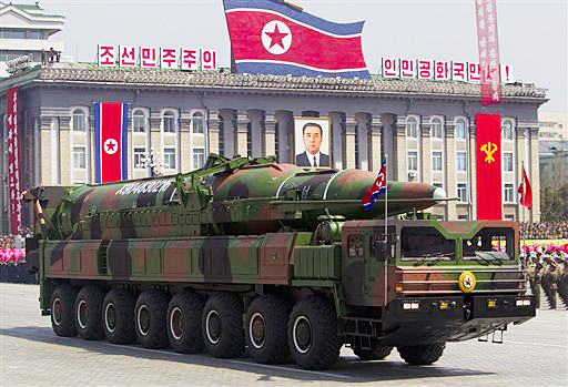 In this April 15, 2012, photo, a North Korean vehicle carrying a missile during a mass military parade in Pyongyang's Kim Il Sung Square to celebrate the centenary of the birth of the late North Korean founder Kim Il Sung. North Korea has moved a missile with "considerable range" to its east coast, South Korea has confirmed.