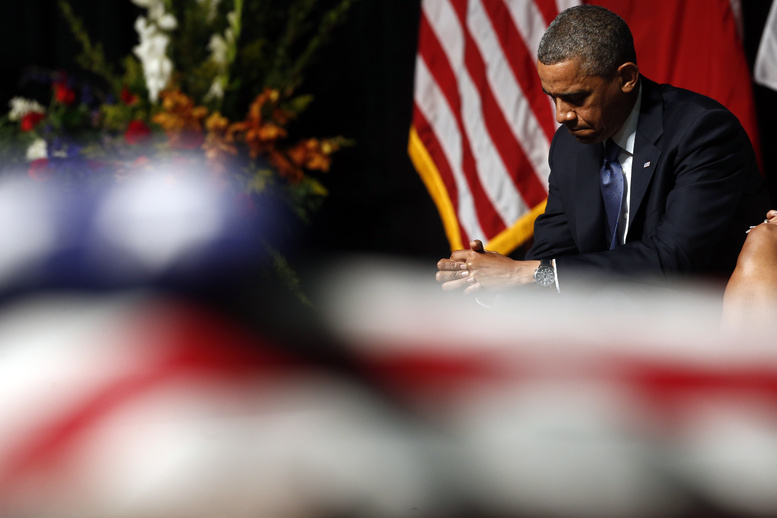 President Obama attends the memorial for firefighters killed at the fertilizer plant explosion in West, Texas, at Baylor University in Waco, Texas, on Thursday.