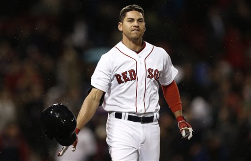 Boston Red Sox's Jacoby Ellsbury tosses his helmet after recording the final out during the ninth inning of Boston's 3-2 loss to the Baltimore Orioles in a baseball game at Fenway Park in Boston, Thursday, April 11, 2013. (AP Photo/Winslow Townson)
