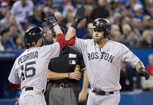 Boston Red Sox's Mike Napoli, right, celebrates his two-run home run with teammate Dustin Pedroia, left, while playing against the Toronto Blue Jays during fifth-inning baseball game action in Toronto, Friday, April 5, 2013. (AP Photo/The Canadian Press, Nathan Denette) 2013,AL,American,athlete,athletes,athletic,athletics,baseball,Blue Jays,Canada,Canadian,Center,Centre,competative,compete,competing,competition,competitions,event,game,Jays,League,Major,MLB,pro,professional,Rogers,sport,sporting,sports,Toronto