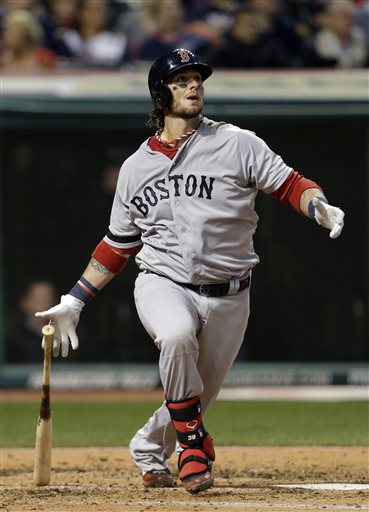 Boston Red Sox's Jarrod Saltalamacchia watches his solo home run off Cleveland Indians starting pitcher Zach McAllister in the fourth inning of a baseball game Thursday, April 18, 2013, in Cleveland. (AP Photo/Mark Duncan) Progressive Field