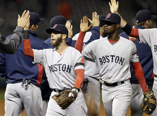 Boston Red Sox's Dustin Pedroia, left, and Jackie Bradley Jr. celebrate after a 7-2 win over the Cleveland Indians in a baseball game Tuesday, April 16, 2013, in Cleveland. (AP Photo/Mark Duncan) Progressive Field