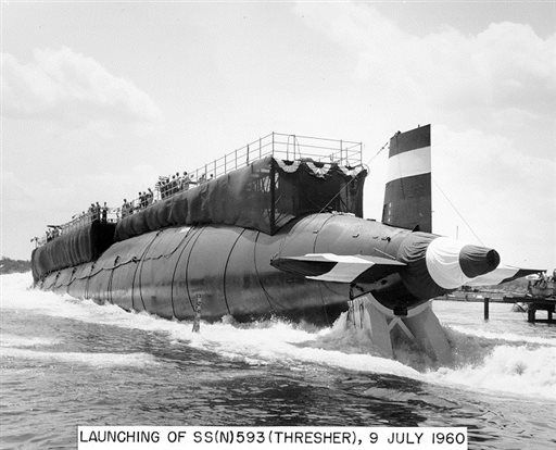 The nuclear-powered submarine USS Thresher is launched at the Portsmouth Naval Shipyard in Kittery, Maine, in this July 9, 1960, photo.