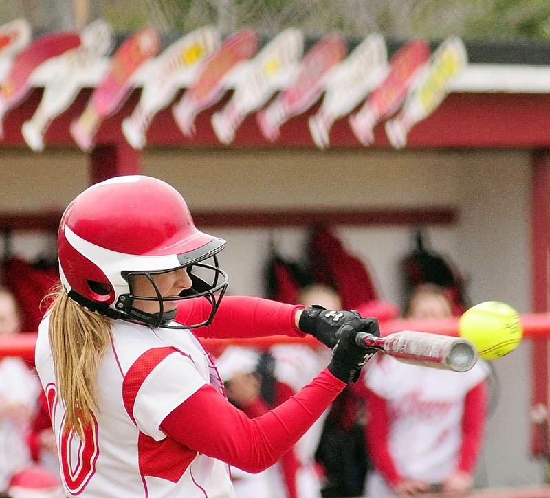 CONY HIGH SCHOOL’S Olivia Deeves hits the ball during the Rams’ 12-0 win Wednesday at Cony Family Field in Augusta. Deeves had two doubles for the Rams.