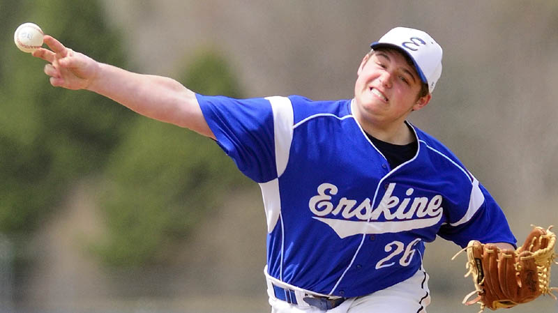 AND THE PITCH: Erskine Academy pitcher Jake Rideout delievers a pitch during the Eagles’ 9-1 loss to Cony on Friday at Erskine Academy’s Caswell Field in South China.
