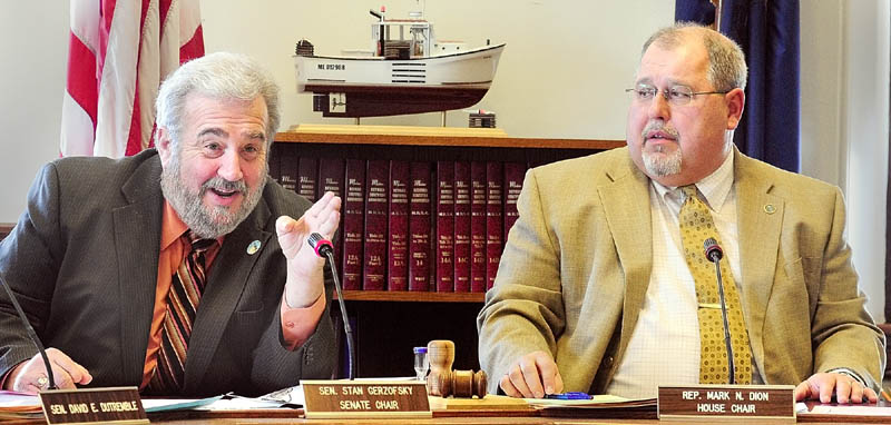 Criminal Justice Committee co-chairs Sen. Stan Gerzofsky, D-Brunswick, left, and Rep. Mark Dion, D-Portland, seen at a work session on Friday at the State House in Augusta.