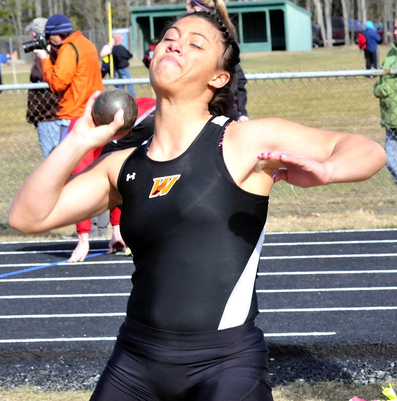 GOOD TO BE HOME: Winslow’s Alliyah Veilleux competes in shotput during a track and field meet Thursday at Winsow High School. The meet was the first home meet at Winslow since 2010.