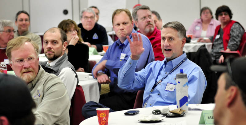 Bill Delong of the Maine Emergency Management Association makes a point during a training exercise program with Franklin County first-responders at the University of Maine in Farmington on Thursday.