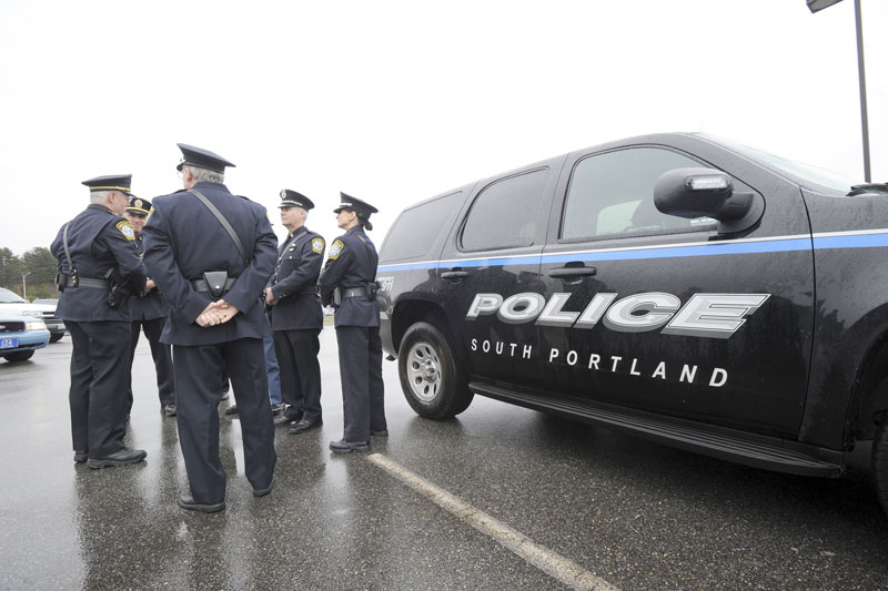 South Portland officers were among police officers from across Maine to assemble at Cabela's in Scarborough Wed. April24,2013 for the drive to Boston to honor Sean Collier, an officer at MIT, who was shot by one of the marathon bombing suspects.