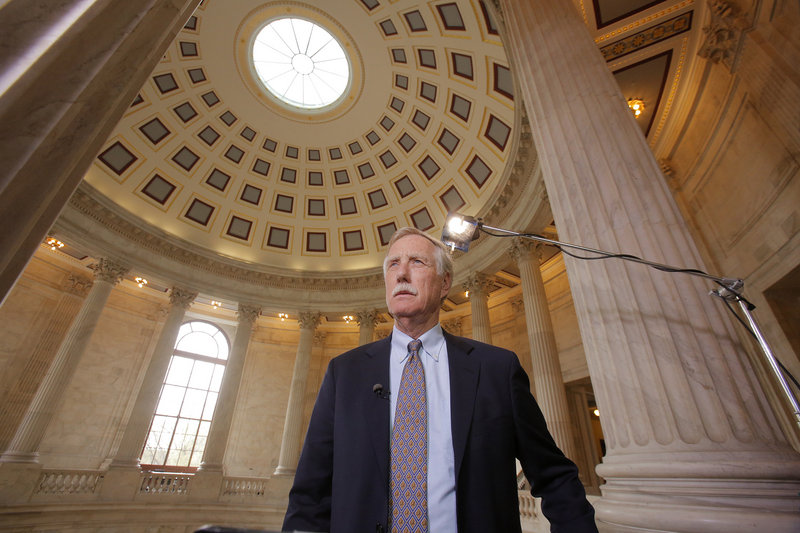 In the rotunda of the Russell Senate Office Building, Maine Sen. Angus King waits to begin a remote interview with TV news host Chris Matthews of MSNBC after a vote in the chamber Thursday.
