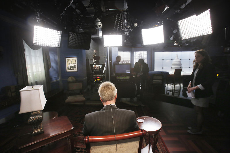 In a TV studio in the basement of the Capitol, Maine Sen. Angus King waits for the start of an online meeting with students at Bucksport High School on Wednesday. He spoke to the teens about his experiences as a senator over the past three months and answered their questions.