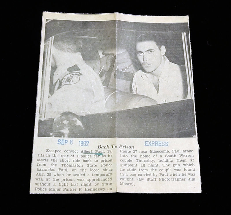 This newspaper clipping from Sept. 8, 1962, details the reapprehension of Maine State Prison inmate Albert Paul, who managed to escape several times – sometimes quite dramatically – during his lifetime of incarceration.