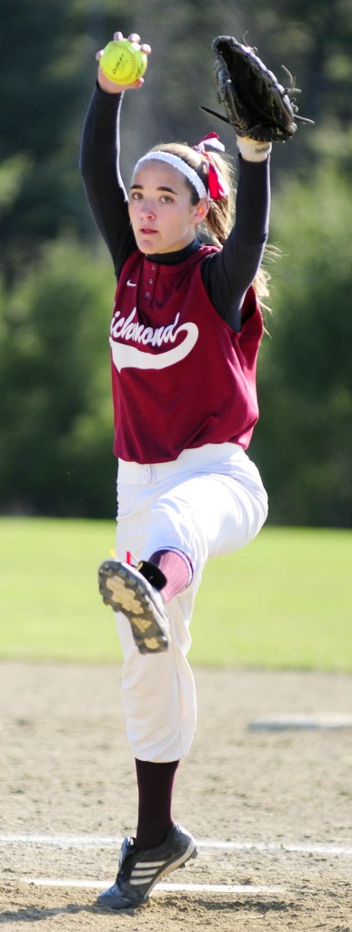 THE WINDUP: Richmond’s Jamie Plummer gets ready to throw a pitch against Rangeley on Friday in Richmond.