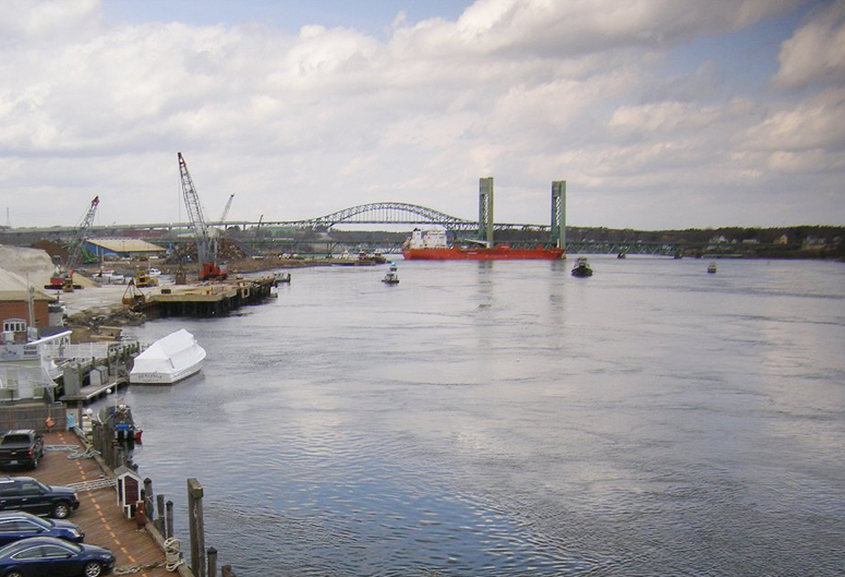 A tanker rests against the Sarah Mildred Long Bridge at 2:08 p.m. on Monday.