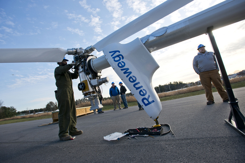 A team from the University of Maine at Orono tests a turbine outside their laboratory recently. They plan to place the floating turbine in the ocean off the coast of Castine in May.