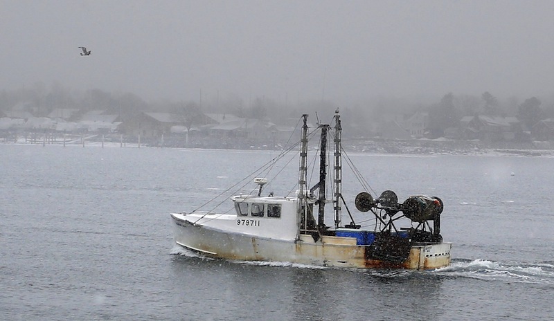 In this Jan. 28, 2013, photo, a groundfishing boat makes its way back toward shore near the Portland Fish Pier. A bill in the Legislature would let the state's dwindling groundfishing fleet keep lobsters that come up in trawl nets and sell them in states that allow such lobsters to be landed.