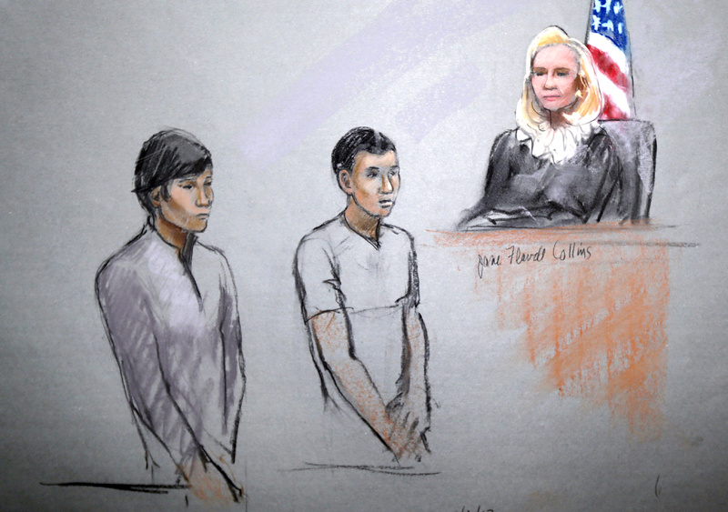 This courtroom sketch signed by artist Jane Flavell Collins shows defendants Dias Kadyrbayev, left, and Azamat Tazhayakov appearing in front of Federal Magistrate Marianne Bowler at the Moakley Federal Courthouse in Boston on Wednesday. The two college friends of Boston Marathon bombing suspect Dzhokhar Tsarnaev, and another man, were arrested and charged with removing a backpack containing hollowed-out fireworks from Tsarnaev's dorm room. (AP Photo/Jane Flavell Collins)
