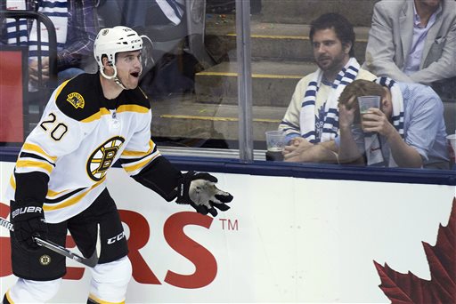 Boston Bruins forward Daniel Paille celebrates his goal as Toronto Maple Leafs fans react during the second period of Game 3 of their first-round NHL hockey Stanley Cup playoff series, Monday, May 6, 2013, in Toronto. (AP Photo/The Canadian Press, Nathan Denette) Canada;Canadian;sports;play;ice hockey;game;action;competitive;competition;compete;athletics;athletic;athlete;National;League;hockey;NHL;2013