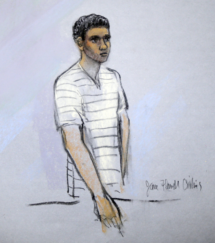 This courtroom sketch shows defendant Robel Phillipos when he appeared in federal court in Boston, Mass., on May 1.