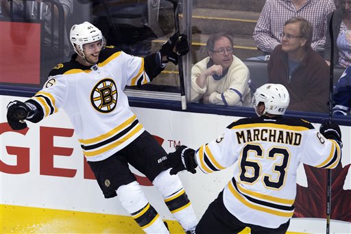 Boston Bruins forward David Krejci, left, celebrates his winning goal past Toronto Maple Leafs goalie James Reimer with forward Brand Marchand, right, during overtime of Game 4 of their NHL hockey Stanley Cup playoff series, Wednesday, May 8, 2013, in Toronto. The Bruins won 4-3. (AP Photo/The Canadian Press, Nathan Denette) jhockey;NHL;athlete;athletes;athletic;athletics;Canada;Canadian;competative;compete;competing;competition;competitions;game;games;League;National;play;player;playing;pro;professional;sport;sporting;sports;team;Leafs;Toronto