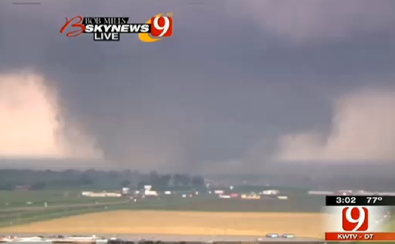 This frame grab provided by KWTV shows a tornado in Oklahoma City Monday, May 20, 2013. Television footage shows flattened buildings and fires after a mile-wide tornado moved through the Oklahoma City area. (AP Photo/Courtesy KWTV)