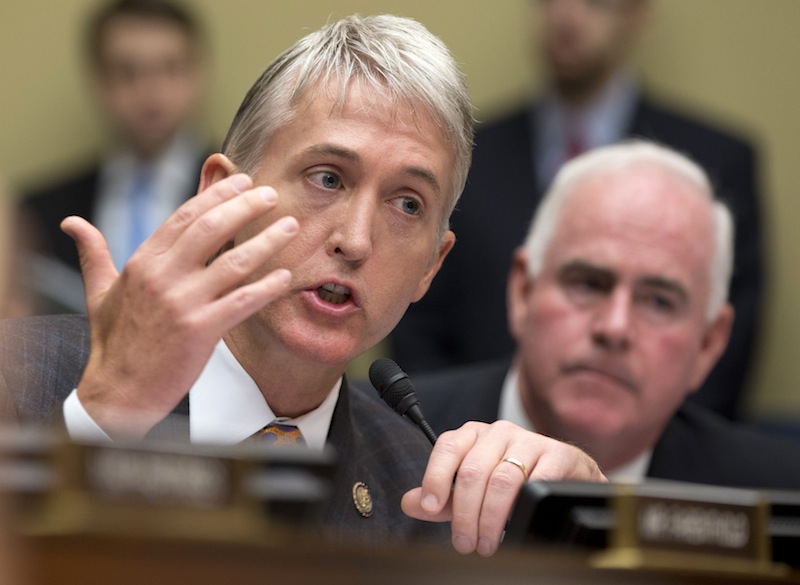 House Oversight and Government Reform Committee member Rep. Trey Gowdy, R-S.C., gestures as he speaks on Capitol Hill in Washington, Wednesday, May 22, 2013, during the committee's hearing to investigate the extra scrutiny IRS gave to Tea Party and other conservative groups that applied for tax-exempt status. (AP Photo/Carolyn Kaster)
