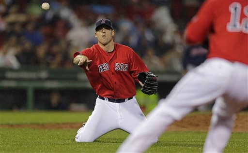 Boston Red Sox starting pitcher John Lackey drops to his knees to field a ground-out by Cleveland Indians' Michael Bourn during the sixth inning of a baseball game at Fenway Park in Boston, Friday, May 24, 2013. (AP Photo/Charles Krupa)