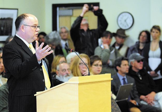 Rep. Lance Harvell (R-Farmington) introduces L.D. 718, An Act to Protect Maine Food Consumers' Right to Know About Genetically Engineered Food and Seed Stock, in a crowded hearing room before the Joint Standing Committee on Agriculture, Conservation and Forestry recently in the Cross State Office Building in Augusta. There were several other overflow rooms where spectators could listen in.