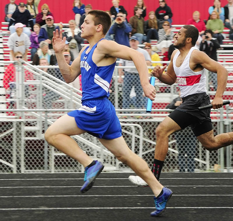 ON THE WAY TO VICTORY: Madison’s Danny Moreshead runs the anchor leg of 4x100-meter relay during Mountain Valley Conference track and field championship meet Thursday at Cony High School’s Alumni Field in Augusta. Madison won the race in a time of 46.53.