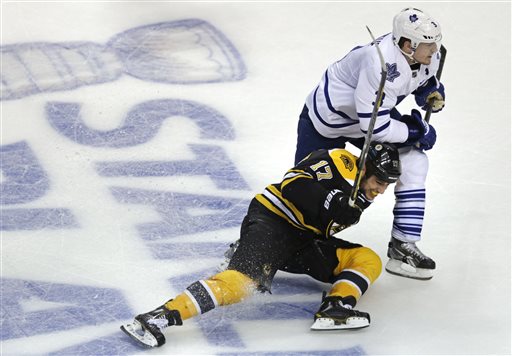 Boston Bruins left wing Milan Lucic (17) chases the puck against Toronto Maple Leafs defenseman Dion Phaneuf (3) during the third period in Game 5 of an NHL hockey Stanley Cup playoff series, in Boston on Friday, May 10, 2013. The Maple Leafs won 2-1. (AP Photo/Charles Krupa)